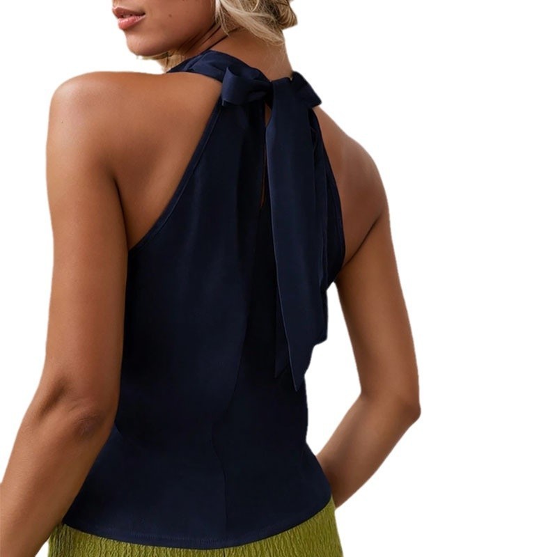 Camicia Elegante Trendy Con Scollo Halter Backless Tops Manica Corta, Gilet senza maniche